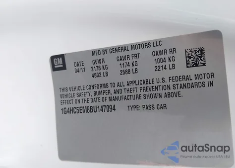 2011 Buick Lucerne Cxl z USA, uszkodzony, nr VIN 1G4HC5EM8BU147094